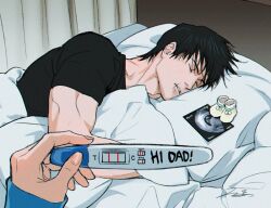  1boy 1girl black_hair black_shirt closed_eyes commentary_request fushiguro_toji holding holding_pillow holding_pregnancy_test jujutsu_kaisen juneseo megumi's_mother_(jujutsu_kaisen) out_of_frame parted_lips pillow pregnancy_test scar scar_on_face shirt short_hair signature sleeping t-shirt x-ray 