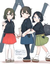  3girls aged_down alternate_hairstyle anchor_symbol black_hair black_pantyhose blue_eyes blue_hakama blush brown_eyes brown_hair closed_mouth commentary_request green_eyes green_hair green_hakama hair_between_eyes hair_ribbon hakama hakama_short_skirt hakama_skirt highres japanese_clothes kaga_(kancolle) kantai_collection katsuragi_(kancolle) looking_at_viewer ma_rukan multiple_girls okobo open_mouth pantyhose platform_sandals red_hakama ribbon sandals short_hair short_sleeves signature skirt smile tabi thigh-highs white_ribbon white_thighhighs zuikaku_(kancolle) 