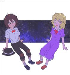  2girls black_hat blonde_hair blush bow bowtie brown_pants closed_mouth collared_dress collared_shirt commentary_request dress frilled_dress frills hat maribel_hearn medium_hair multiple_girls pants purple_dress re_ghotion red_bow red_bowtie shirt shirt_tucked_in short_sleeves sky smile socks star_(sky) starry_sky touhou unworn_headwear usami_renko white_shirt white_socks yellow_eyes 