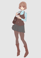  1girl ando_(takeminaieeru) bag boots braid breasts brown_boots brown_hair crown_braid cup full_body handbag highres holding holding_cup looking_at_viewer medium_breasts niijima_makoto pantyhose parted_lips persona persona_5 red_eyes school_uniform short_hair simple_background skirt smile solo 
