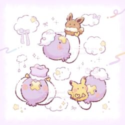  blush_stickers border clouds commentary_request ditto drifloon eevee highres no_humans pikachu pink_border pokemon pokemon_(creature) pokemon_focus simple_background solid_circle_eyes sparkle star_(symbol) temariame14 twitter_username watermark white_background 