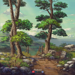  absurdres artist_name artstation_logo blue_sky clouds commentary day dirt english_commentary facebook_logo fence flower gradient_sky green_sky highres mountainous_horizon no_humans ocean original outdoors path purple_flower rock scenery sicuvn sky studio_ghibli_(style) sunlight tombstone tree water wooden_fence youtube_logo 