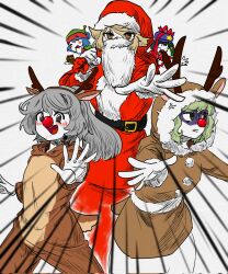  5girls ^_^ anger_vein animal_costume animal_ears antlers belt blonde_hair blue_hair blush christmas christmas_present closed_eyes commentary_request deer_tail dress everyone fake_animal_ears fake_antlers fake_beard fake_facial_hair fake_horns fake_tail gift gift_wrapping gloves green_eyes green_hair grey_eyes grey_hair hair_ornament hair_rings hat hat_ornament highres holding holding_gift holding_sack hood hoodie horns jiangshi kaku_seiga korean_commentary light_blush long_hair looking_at_viewer looking_to_the_side lovelobten miyako_yoshika mononobe_no_futo multiple_girls ofuda open_mouth outstretched_arms pom_pom_(clothes) ponytail purple_hat red_nose reindeer_antlers reindeer_costume sack santa_costume santa_hat shaded_face short_hair smile soga_no_tojiko star_(symbol) star_hat_ornament tail touhou toyosatomimi_no_miko white_background white_gloves zombie_pose 