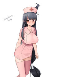  1girl absurdres alternate_costume black_hair breasts commentary_request cross dated dress feet_out_of_frame fusou_(kancolle) hat headgear highres kantai_collection long_hair low-tied_long_hair maru_(marg0613) nurse nurse_cap one-hour_drawing_challenge pink_dress pink_thighhighs red_cross red_eyes simple_background solo thigh-highs twitter_username white_background 