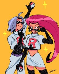  1boy 1girl ahoge arm_up black_gloves commentary crop_top earrings elbow_gloves gloves hair_slicked_back highres holding holding_poke_ball james_(pokemon) jessie_(pokemon) jewelry long_hair midriff navel nopperaa orange_background pants pearl_earrings pink_hair poke_ball pokemon purple_hair short_hair simple_background skirt smile sparkle sunglasses team_rocket team_rocket_uniform turtleneck twitter_username 