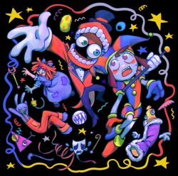  1other 3boys 3girls absurdres animal_ears black_background blue_eyes brown_hair bubble_(the_amazing_digital_circus) caine_(the_amazing_digital_circus) cane chess_piece coat commentary crying english_commentary gangle_(the_amazing_digital_circus) goomyloid green_eyes heterochromia highres holding holding_cane king_(chess) kinger_(the_amazing_digital_circus) multicolored_eyes multiple_boys multiple_girls overalls purple_robe rabbit_boy rabbit_ears red_coat red_hair red_overalls robe star_(symbol) tears the_amazing_digital_circus two-tone_eyes zooble_(the_amazing_digital_circus) 