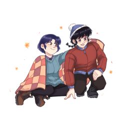  1boy 1girl arm_up beanie black_boots black_hair black_pants blue_eyes blue_hair blue_hat blue_sweater boots braid brown_boots brown_eyes closed_mouth english_commentary haiziri hand_on_own_leg hat highres jacket open_mouth pants pom_pom_(clothes) pom_pom_beanie ranma_1/2 red_jacket saotome_ranma short_hair single_braid sitting smile squatting sweater tendou_akane under_covers white_background winter_clothes 