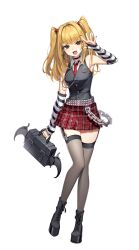  1girl absurdres amane_misa black_boots blonde_hair boots chain check_copyright commentary copyright_request cross cross_earrings death_note earrings full_body garter_straps gothic_punk highres holding jewelry looking_at_viewer mika_030 necktie open_mouth plaid_clothes plaid_skirt red_necktie red_skirt skirt solo striped_sleeves thigh-highs twintails vest 