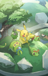  bandana bandana_around_neck brown_eyes bug burmy burmy_(plant) caterpie closed_mouth colored_sclera commentary_request gossifleur highres no_humans open_mouth pikachu pokemon pokemon_(creature) pokemon_focus red_eyes riding riding_pokemon smile swadloon torterra tree yamaori_(hakkentai_pokedan) yellow_sclera 