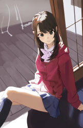  1girl absurdres arm_support black_socks blue_skirt bow bowtie brown_eyes brown_hair commentary_request highres hood hood_down hoodie kneehighs long_hair looking_at_viewer lupinu5 miniskirt on_floor original photo-referenced pink_bow pink_bowtie pink_hoodie sitting skirt sleeves_past_wrists socks solo 