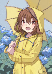  1girl brown_eyes brown_hair bush commentary_request cowboy_shot drawstring fang flower hair_ornament hairclip holding holding_umbrella ikazuchi_(kancolle) kantai_collection looking_at_viewer mitsuyo_(mituyo324) rain raincoat short_hair solo umbrella yellow_raincoat 