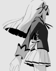  1girl aikatsu! aikatsu!_(series) blazer blunt_bangs commentary_request cowboy_shot from_behind grey_background greyscale hair_ribbon highres hikami_sumire jacket koke_(koke7) long_hair long_sleeves miniskirt monochrome neck_ribbon pleated_skirt ribbon school_uniform simple_background skirt solo standing starlight_academy_school_uniform winter_uniform 