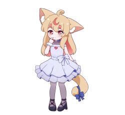  1girl ahoge animal_ear_fluff animal_ears black_shoes blonde_hair blue_bow blush bow cat_ears cat_girl cat_tail child colored_inner_hair commentary dress english_commentary finger_to_mouth full_body grey_pantyhose hand_up highres horns kurotofu long_hair multicolored_hair original pantyhose red_eyes red_hair red_horns shoes short_eyebrows simple_background solo standing streaked_hair tail tail_bow tail_ornament thick_eyebrows transparent_background two-tone_hair white_dress 