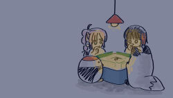  2girls ahoge anyoji_hime black_hair blue_eyes blunt_bangs bob_cut commentary_request dark flower_knot green_eyes hand_to_own_mouth kingmandu_0 korean_commentary link!_like!_love_live! long_hair love_live! mahjong mahjong_table momose_ginko multi-tied_hair multiple_girls pink_hair ponytail short_hair sidelocks stuffed_animal stuffed_bird stuffed_fox stuffed_toy table tsuru_(love_live!) virtual_youtuber 