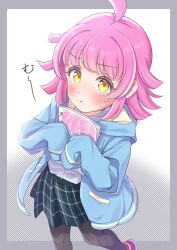  1girl absurdres ahoge black_thighhighs blue_jacket blue_shirt blue_skirt blush border commentary grey_background grey_border highres holding holding_notebook jacket long_sleeves looking_at_viewer love_live! love_live!_nijigasaki_high_school_idol_club medium_hair nijigasaki_school_uniform notebook pink_hair plaid_clothes plaid_skirt pout rina-chan_board school_uniform shirt shoes skirt sleeves_past_wrists solo tennoji_rina thigh-highs white_background yellow_eyes yuuuta10628 