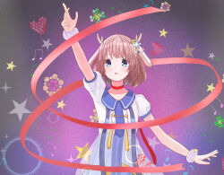  1girl absurdres ahoge antlers arm_up blue_dress blue_eyes blue_sailor_collar brown_hair choker commentary_request deer_antlers dress gradient_background hair_ornament heart highres horns indie_utaite kano_(utaite) musical_note open_mouth orange-cats outstretched_arm puffy_short_sleeves puffy_sleeves purple_background red_choker red_ribbon ribbon sailor_collar short_hair short_sleeves simple_background solo sparkle star_(symbol) star_hair_ornament white_dress white_wrist_cuffs wrist_cuffs 