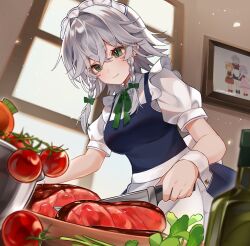 1girl apron blue_dress bow bowtie braid breasts collared_shirt commentary cutting cutting_board dress flandre_scarlet food green_bow green_bowtie green_eyes grey_hair hair_bow highres holding holding_knife indoors izayoi_sakuya knife long_hair maid maid_headdress meat medium_breasts painting_(object) pinafore_dress puffy_short_sleeves puffy_sleeves remilia_scarlet samon_(vxxr8575) shirt short_sleeves sleeveless sleeveless_dress smile solo tomato touhou twin_braids waist_apron white_apron white_shirt wrist_cuffs 