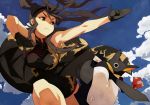  bird black_hair breasts brown_eyes china_dress chinese_clothes cloud clouds earrings fighting_stance gloves hairband highres jewelry long_hair original penguin penguin_caee sky solo twintails 