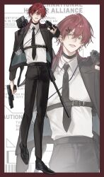  1boy aiming aiming_at_viewer alternate_costume alternate_hairstyle black_choker black_gloves black_jacket black_necktie black_pants black_shoes border choker commentary english_text fingerless_gloves full_body gloves green_eyes gun hair_between_eyes hair_ornament hairclip handgun highres holding holding_gun holding_weapon jacket lapels lauren_iroas long_hair male_focus multiple_views necktie nijisanji notched_lapels open_clothes open_jacket pants parted_lips red_border red_hair shirt shirt_tucked_in shoes standing standing_on_one_leg virtual_youtuber weapon white_shirt wolfjamescamer1 