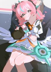  1boy 1girl :t absurdres aqua_streaks aria_(zenless_zone_zero) black_jacket black_pants bow commentary couch dress fingerless_gloves frilled_dress frills gloves green_eyes hair_bow hand_on_another's_cheek hand_on_another's_face hands_on_another's_arm headphones heart highres jacket multicolored_hair multiple_hair_bows on_couch on_lap pants pink_gloves pink_hair puffy_short_sleeves puffy_sleeves quad_tails short_sleeves shusuchii sitting_between_legs smile solo_focus spoken_heart streaked_hair thighs untranslatable_commentary wings wise_(zenless_zone_zero) zenless_zone_zero 