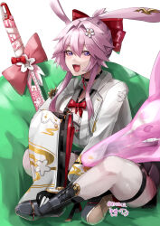  1girl 810d12 absurdres animal_ears black_boots boots bow bowtie commentary evanescia_(honkai:_star_rail) fox fox_ears fox_girl highres honkai:_star_rail honkai_(series) indian_style jacket looking_at_viewer measuring_stick open_mouth pink_hair red_bow red_bowtie shirt short_hair sitting thigh_strap thighs twitter_username untranslatable_commentary violet_eyes white_jacket white_shirt 