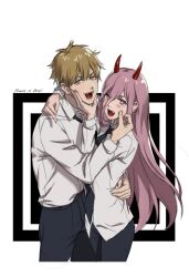  1boy 1girl absurdres black_necktie black_pants chainsaw_man cheek_pinching collared_shirt commentary cross-shaped_pupils demon_horns denji_(chainsaw_man) hand_on_another's_face hetero highres horns long_hair mika_030 necktie open_mouth pants pinching power_(chainsaw_man) red_horns sharp_teeth shirt short_hair symbol-shaped_pupils teeth white_shirt 