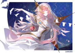  2girls 404_xuwu_fanmai_ji absurdres ambience_synesthesia apple_costume arknights bird blue_background border character_name chibi chinese_commentary closed_mouth commentary_request cowboy_shot detached_wings disembodied_hand dress exusiai_(arknights) halo highres lemuen_(arknights) lemuen_(requiem_vesperis)_(arknights) long_hair mini_person minigirl multiple_girls official_alternate_costume one_eye_covered outstretched_arm pink_eyes pink_hair silhouette smile white_border white_dress wings 