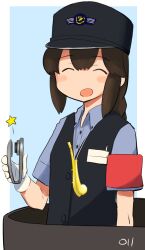  1girl absurdres armband artist_logo black_hair black_hat black_vest blue_background blue_shirt booth_seating border braid closed_eyes commentary_request dress_shirt employee_uniform gloves hair_between_eyes hat highres isonami_(kancolle) isonami_(train_conductor)_(kancolle) kantai_collection logo ma_rukan no_nose shirt short_sleeves sidelocks solo ticket_puncher twin_braids upper_body vest whistle white_border white_gloves yokohama_seaside_line 