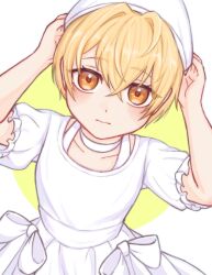  1boy aged_down arms_up blonde_hair bow choker commentary_request crossdressing crossdressing_(mtf) crossed_bangs dress dress_bow dutch_angle hair_between_eyes hat highres kamui_(pgr) looking_at_viewer male_focus orange_eyes puffy_short_sleeves puffy_sleeves punishing:_gray_raven short_hair short_sleeves sion_apg solo upper_body white_bow white_choker white_dress white_hat 