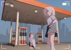  2girls absurdres blonde_hair blue_eyes braid brown_hair emma_verde expressionless gas_station hands_on_own_hips highres hugging_own_legs liminal_space long_hair looking_at_viewer looking_down love_live! love_live!_nijigasaki_high_school_idol_club masami_atabe mia_taylor multiple_girls nijigasaki_school_uniform school_uniform short_hair sitting standing twin_braids violet_eyes 