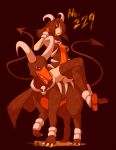  1girl brown_hair creepy crossed_legs demon_tail gloves hair_tussle horns houndoom jewelry kuromiya legs_crossed leotard moemon necklace open_mouth personification pokemon pokemon_(creature) red_eyes shoes sidesaddle sitting tail thigh-highs thighhighs 