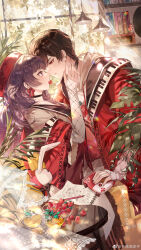  1boy 1girl absurdres ayn_alwyn ayn_alwyn_(fruit_hard_candy) beret black_choker black_hair blunt_bangs bookshelf bowl boy_on_top braid chinese_commentary choker commentary controller couch couple cup curtains dappled_sunlight day drawstring dress drink earrings eye_contact face-to-face food food_in_mouth from_side fruit game_controller garnish glass_teacup grid_print hair_between_eyes hand_in_another's_hair hand_on_another's_head hand_up hanging_light hat heroine_(lovebrush_chronicles) hetero highres holding holding_controller holding_game_controller hood hood_down hoodie imminent_kiss indoors jacket jewelry long_hair long_sleeves looking_at_another lovebrush_chronicles matching_outfits muntins official_art on_couch open_clothes open_jacket parted_lips piano_print plant print_hoodie print_jacket profile purple_hair red_eyes red_hat red_jacket red_ribbon red_shawl ribbon ribbon_earrings round_table see-through_curtains senryoko shawl short-sleeved_jacket short_hair short_sleeves side_braid sidelocks sitting sleeves_past_wrists strawberry stuffed_animal stuffed_rabbit stuffed_toy sunlight table tassel teacup upper_body vinyl_record violet_eyes white_dress white_hoodie window wooden_table 