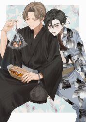  2boys animal_print banana black_hair black_kimono blue_background blue_kimono blush border brown_eyes brown_hair chocolate-covered_food commentary fish fish_bag fish_print food fruit goldfish grey_eyes hair_between_eyes highres japanese_clothes kimono lower_teeth_only male_focus mege_(megechan) multiple_boys open_mouth original outside_border short_hair simple_background sitting smile sprinkles takoyaki teeth tongue untranslatable_commentary white_border 