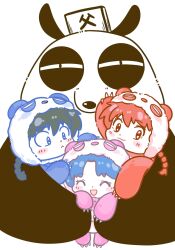  1boy 2girls :< :3 ^_^ akarinaakari animal_costume blue_eyes blue_hair blush_stickers braid chibi chibi_only closed_eyes closed_mouth english_commentary frown grey_hair highres hug multiple_girls open_mouth panda panda_costume ranma-chan ranma_1/2 red_eyes red_hair saotome_genma_(panda) saotome_ranma short_hair single_braid smile tendou_akane 