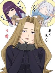  3girls blonde_hair blue_coat blue_eyes blue_scarf bread closed_eyes closed_mouth coat commentary_request earrings eating elf food fur-trimmed_coat fur-trimmed_collar fur_collar fur_trim highres jewelry long_hair mature_female methode_(sousou_no_frieren) multiple_girls omichi_1219 open_mouth pointy_ears scarf simple_background sousou_no_frieren teardrop_earrings twintails violet_eyes white_background white_coat 