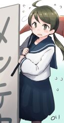  1girl absurdres ahoge blue_sailor_collar blue_skirt blush commentary_request cowboy_shot flying_sweatdrops gradient_background green_eyes green_hair highres holding kantai_collection long_hair long_sleeves ma_rukan maintenance_musume_(kancolle) open_mouth pleated_skirt sailor_collar school_uniform serafuku signature skirt solo twintails 