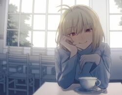  1girl antenna_hair arcueid_brunestud blonde_hair cafe chair commentary cup elbows_on_table gpnr_47 hand_on_own_face highres long_sleeves medium_hair red_eyes smile solo sweater table teacup tsukihime white_sweater window 