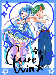  1boy 1girl ahoge ankle_boots aokaze_nana arm_behind_back belt blue_dress blue_hair blue_pants blue_ribbon boots brooch brown_belt character_name character_print commentary crossed_legs cure_wink detached_collar dress earrings facing_viewer green_hair grin hair_bun hairband heart heart_brooch heart_hair_bun heart_hands heart_hands_duo highres jewelry kimi_to_idol_precure long_hair looking_at_viewer magical_girl medium_dress multicolored_hair neck_ribbon off-shoulder_dress off_shoulder one_eye_closed open_mouth pants precure print_shirt purikura purple_hair red_hair ribbon shirt shoes short_hair short_sleeves signature smile sparkle standing streaked_hair stud_earrings t-shirt thigh_strap ton_(ton39342104) twitter_username two-tone_hair very_long_hair violet_eyes white_boots white_hairband white_shirt white_shoes wrist_cuffs zakkuri_(precure) 