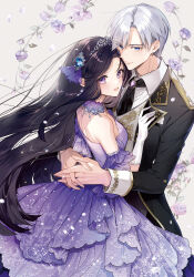  1boy 1girl arm_cuffs back bare_shoulders black_hair black_jacket black_necktie blue_eyes blue_gem blush breasts brown_hair character_request clip_studio_paint_(medium) commentary_request copyright_request detached_collar dress earrings frills from_side gem gloves hair_ornament highres hug jacket jewelry layered_dress long_hair long_sleeves looking_at_viewer necktie official_art open_mouth purple_dress purple_gem shirt small_breasts smile strapless strapless_dress tiara violet_eyes white_gloves white_hair white_shirt yukiko_(tesseract) 