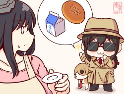  2girls :3 apron artist_logo black_hair braid bread_bun brown_coat brown_hat coat collarbone commentary_request dog drink_carton hat kanon_(kurogane_knights) kantai_collection logo long_sleeves milk_carton multiple_girls necktie pink_shirt red_necktie shigure_(kancolle) shirt sidelocks simple_background single_braid smile sunglasses white_apron white_background yamashiro_(kancolle) 