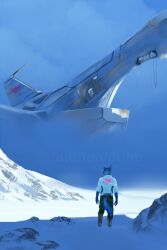  1boy aircraft airplane airship animal_ears artist_name black_pants blue_fur blue_gloves blue_hair blue_sky blue_tail body_fur boots clear_sky day facing_away fighter_jet fox_boy fox_ears fox_mccloud fox_tail from_behind furry furry_male gaidhealdubh gloves great_fox green_pants highres ice jacket male_focus military_vehicle mountain mountainous_horizon outdoors pants scenery shirt sky snow solo standing star_fox tail twitter_username vehicle_focus walking white_jacket white_shirt wide_shot wolf_boy wolf_ears x_(symbol) 