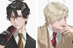  2boys between_fingers black-framed_eyewear black_gloves black_hair black_halo black_jacket blonde_hair blue_eyes blush book border brown_jacket brown_necktie brown_vest cigarette closed_mouth collared_shirt commentary cropped_torso ear_piercing earrings english_commentary fingernails formal_clothes glasses gloves hair_between_eyes half-closed_eyes halo hand_on_own_face hand_up highres holding holding_book holding_cigarette jacket jewelry lapels leather leather_gloves lips looking_at_viewer male_focus mole mole_under_eye multiple_boys necktie open_clothes open_jacket original parted_bangs piercing red_eyes red_necktie semi-rimless_eyewear shirt short_hair simple_background smoking suit suit_jacket teeth upper_body vest white_background white_border white_halo white_shirt zhongerweiyuan 