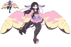  1girl artist_name black_hair black_shoes black_thighhighs closed_mouth commentary derivative_work english_commentary full_body high_heels highres japanese_clothes kimono long_hair long_sleeves looking_at_viewer momoiiroo official_art_inset official_art_redraw pink_kimono pokemon pokemon_x_and_y reference_inset shoes simple_background sketch sleeves_past_fingers sleeves_past_wrists smile solo thigh-highs valerie_(pokemon) very_long_hair violet_eyes white_background wide_sleeves 