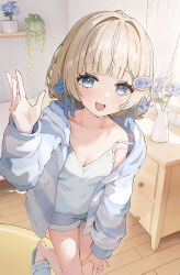  1girl :d absurdres blue_flower blue_hair blue_jacket blue_ribbon blue_shorts blue_slippers blush camisole collarbone commentary_request commission flower foot_out_of_frame hair_ornament hair_ribbon hand_up highres indie_virtual_youtuber indoors jacket kagemoe1003 leg_up legs long_sleeves looking_at_viewer medium_hair multicolored_jacket open_mouth ribbon short_shorts shorts single_bare_shoulder slippers smile solo two-tone_jacket virtual_youtuber white_camisole white_jacket wooden_floor 