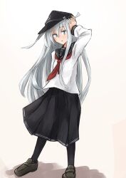  1girl anchor_symbol black_hat black_sailor_collar black_skirt black_thighhighs blush commentary_request cowlick flat_cap full_body grey_eyes grey_hair grey_shoes hair_between_eyes hand_up hat hat_pin hibiki_(kancolle) highres kantai_collection kuuru_(kuuru-n) loafers long_hair long_sidelocks long_sleeves looking_at_viewer neckerchief open_mouth pleated_skirt red_neckerchief sailor_collar shadow shoes sidelocks simple_background skirt solo thigh-highs very_long_hair white_background 