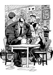  1girl 2boys 2girls absurdres barista beret black_pants black_vest blush border cafe center-flap_bangs chair coffee coffee_maker coffee_mug coffee_pot cup earrings eudetenis faceless glasses greyscale half_updo hanging_light hat height_difference highres holding holding_menu indoors jewelry long_sleeves looking_at_another menu monochrome mug multiple_boys multiple_girls muscular muscular_male necktie on_chair open_mouth original pants plant ponytail potted_plant short_hair sitting size_difference smile steaming_cup suit table tall_male teacup tiles traditional_media vest 