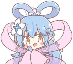  1girl :d ahoge blue_hair blush_stickers braid brown_eyes chibi cosplay fang flower gradient_hair hagoromo hair_between_eyes hair_flower hair_ornament hair_rings heart heart_ahoge hololive japanese_clothes japanese_mythology kimono long_hair long_sleeves looking_at_viewer mitarashi_neko multicolored_hair orihime_(tanabata) orihime_(tanabata)_(cosplay) outline pink_hair pink_kimono pointy_ears see-through_clothes shawl sleeves_past_fingers sleeves_past_wrists smile solo streaked_hair tanabata tanzaku transparent_background very_long_hair virtual_youtuber white_flower white_outline yukihana_lamy 