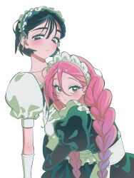  2girls alien_stage black_dress black_hair braid commentary dress gloves hair_between_eyes highres hug juliet_sleeves long_hair long_sleeves maid maid_headdress mizi_(alien_stage) multiple_girls official_alternate_costume pink_hair puffy_short_sleeves puffy_sleeves short_hair short_sleeves sua_(alien_stage) sumin_4580 twin_braids violet_eyes white_background white_gloves yellow_eyes 
