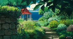  absurdres artist_name artstation_logo brick_wall bush commentary day english_commentary facebook_logo flower garden gazebo grass highres landscape leaf no_humans ocean original outdoors pink_flower plant red_flower scenery shore sicuvn stairs stone_walkway studio_ghibli_(style) sunlight tree vines water yellow_flower youtube_logo 