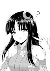  1girl ? absurdres arm_at_side assault_lily bare_shoulders breasts cho_kaguya-hime! collarbone commentary_request cosplay crescent crescent_hair_ornament detached_sleeves floral_print greyscale hair_ornament halterneck hand_up highres japanese_clothes kaguya_(cho_kaguya-hime!) kaguya_(cho_kaguya-hime!)_(cosplay) kimono large_breasts long_hair monochrome natsuyoshi_yuuko print_kimono shirai_yuyu short_sleeves sidelocks simple_background solo upper_body voice_actor_connection w white_background yadoo 